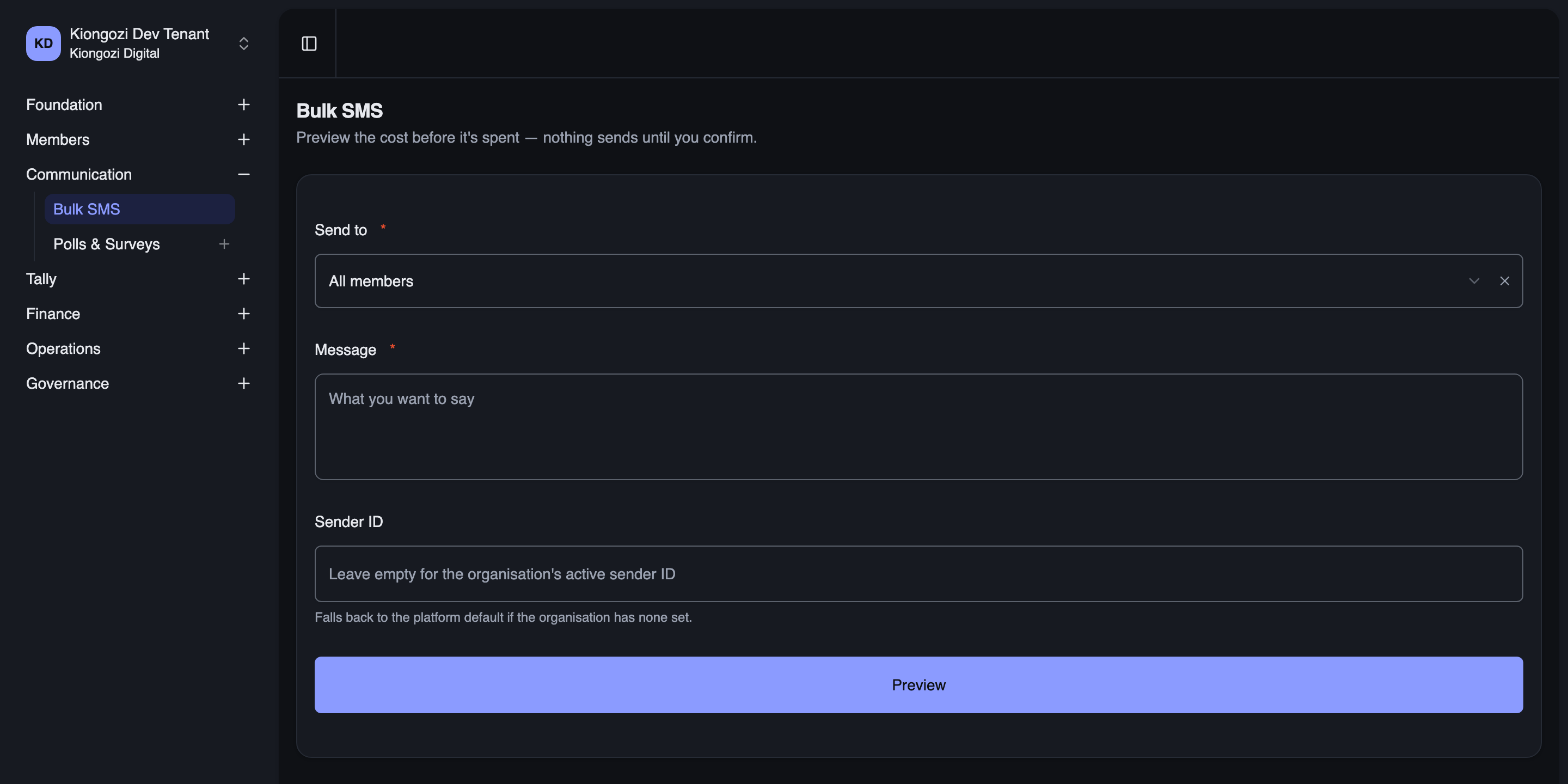 The bulk SMS composer, previewing the recipient count and cost before anything sends