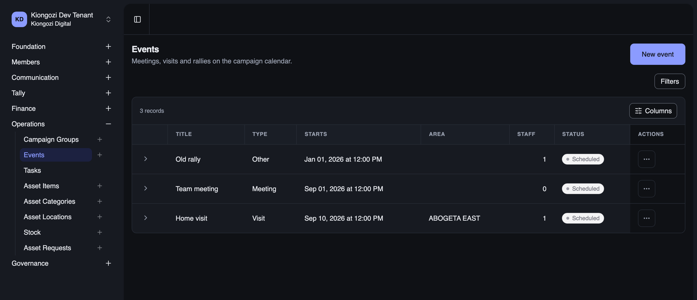 The events calendar, listing rallies, meetings and visits with staff assigned and status tracked